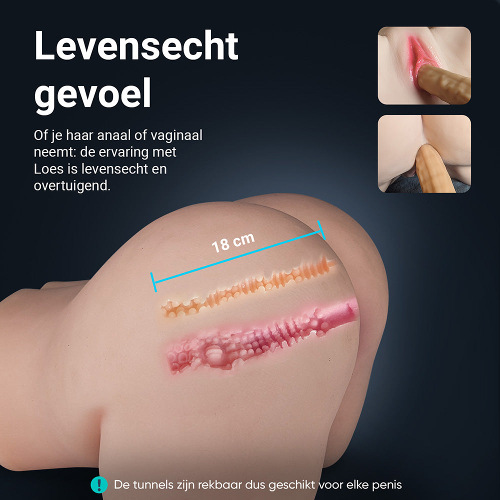 Jessica butt infographic: lifelike feel, stretchy vaginal and anal tunnel of 18 cm
