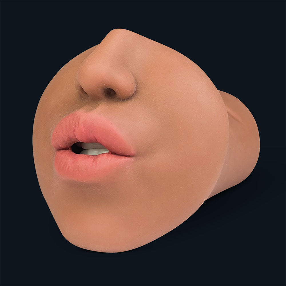 Julia blowjob masturbator: mouth with full lips, nose and visible teeth, front view
