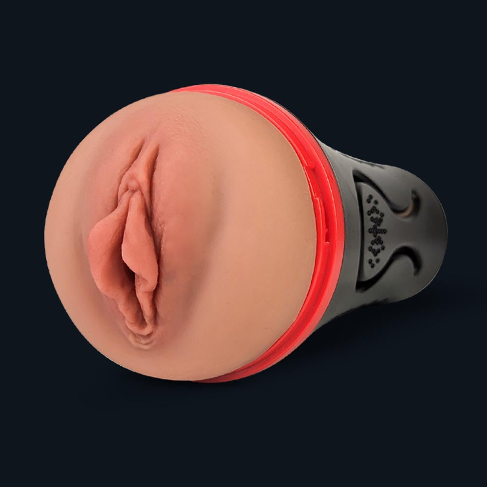 Lindsey pocket pussy with vaginal opening in a discreet black case with red ring, front view