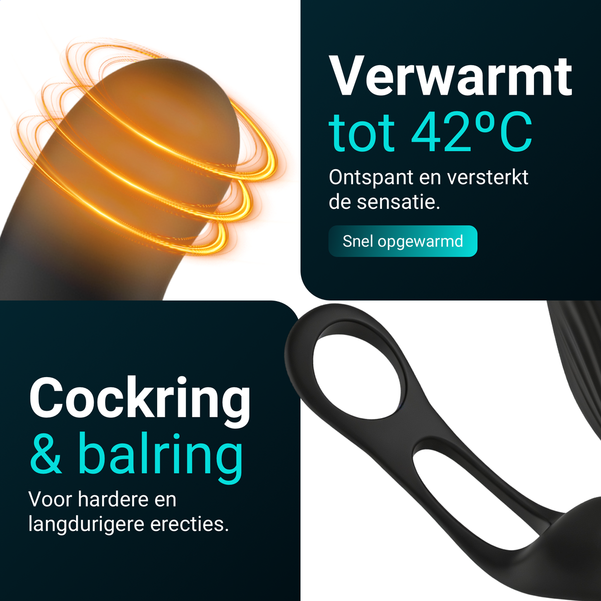 Heatstim Pro heats up to 42 degrees; cock ring and ball ring for harder, longer erections