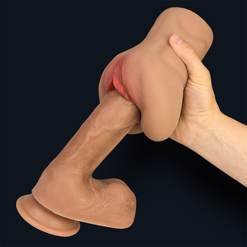 Claire pocket pussy slid over a dildo in a hand, usage demonstration