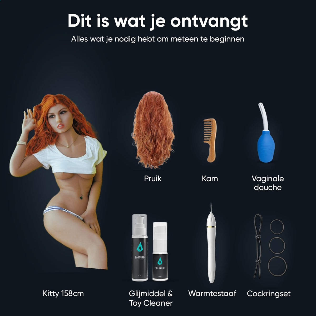 What's in the box, sex doll Kitty 158 cm: doll, wig, comb, vaginal douche, lube, Toy Cleaner, heating rod and cock ring set